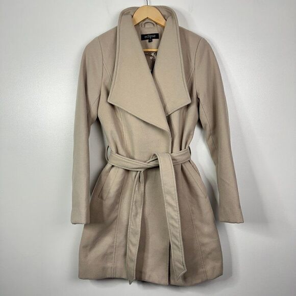 Eclipse Tie Waist Beige Lightweight Satin Lined Pea Coat Jacket Small - Picture 1 of 4